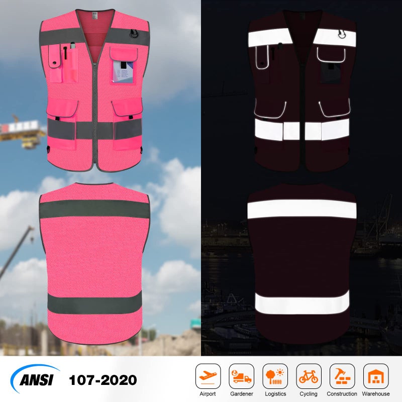 TCCFCCT Mesh Pink Safety Vest for Men Women 9 Pockets High Visibility Reflective Vest for Safety, Work Vest with Reflective Strips, Meets ANSI/ISEA Standards, Large - Image 2